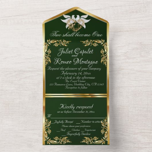 Smaragdgroen, gouden bladeren, duiven & hart all in one uitnodiging (Binnen)