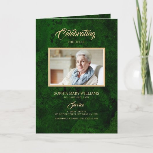 Smaragdgroen & Gouden Kalligrafie Memorial Program Kaart (Voorkant)