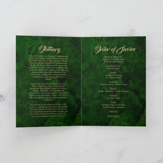Smaragdgroen & Gouden Kalligrafie Memorial Program Kaart (Binnen)