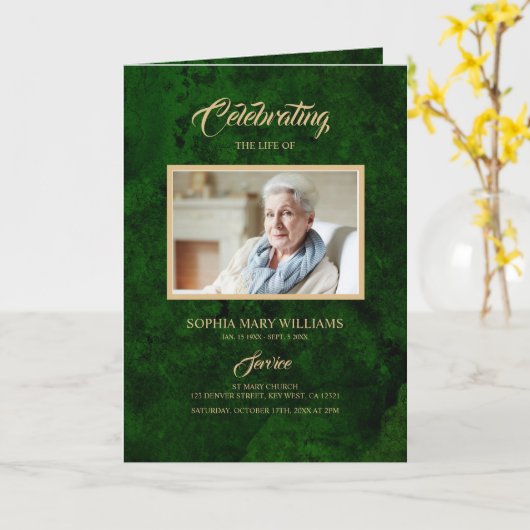 Smaragdgroen & Gouden Kalligrafie Memorial Program Kaart (Gele Bloem)