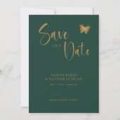 Smaragdgroen & Gouden Script met Glitter Butterfly Save The Date (Voorkant)