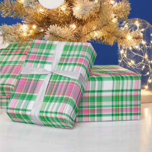 Smaragdgroen, heet roze, wit preppy Madras-ruting Cadeaupapier