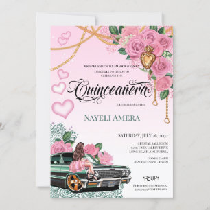 Smaragdgroen Lowrider Roze Rose Chola Quinceanera Kaart