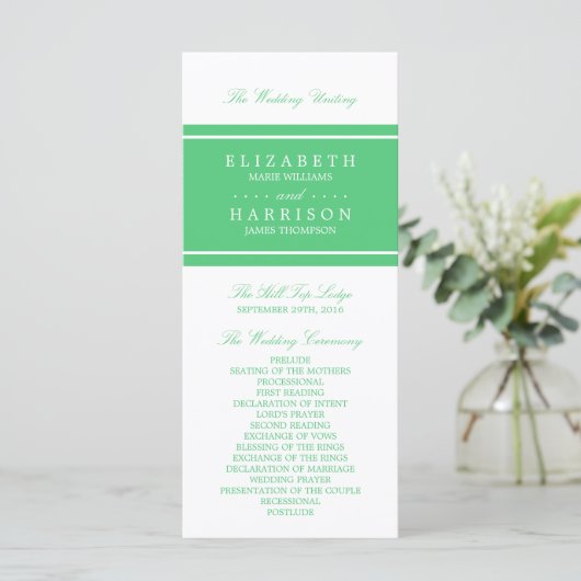 Smaragdgroen Modern huwelijksprogramma Programma (Staand voorkant)