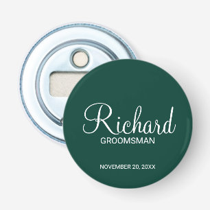 Smaragdgroen Modern Script Gepersonaliseerde Groom Button Flesopener