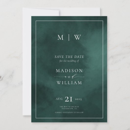 Smaragdgroen Monogram & Rand Elegant Save The Date (Voorkant)