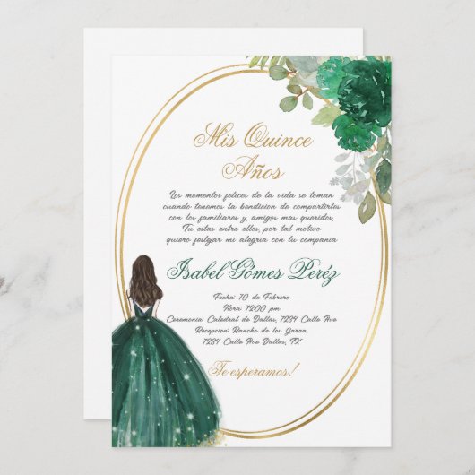 Smaragdgroen Quinceanera silhouet Kaart (Voorkant / Achterkant)