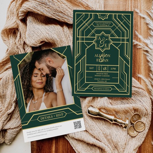 Smaragdgroen Retro Gold Art Deco QR Code Foto Kaart