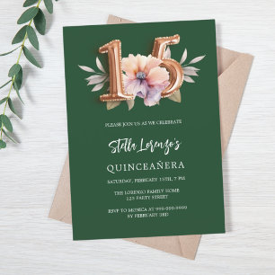 Smaragdgroen roze perzik bloemenquinceanera luxe kaart