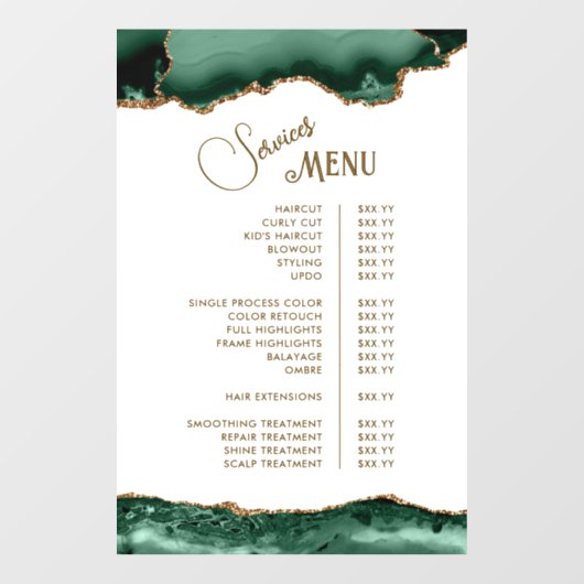 Smaragdgroene agaat op witte servicemenukaart raamsticker (Vel)