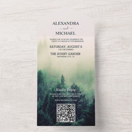 Smaragdgroene Aquarel Pijnboom Bruiloft All In One Uitnodiging (Binnen)