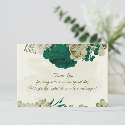 Smaragdgroene beige bloemen botanische bruiloft bedankkaart (Staand voorkant)