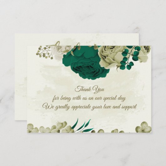 Smaragdgroene beige bloemen botanische bruiloft bedankkaart (Voorkant / Achterkant)