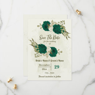 Smaragdgroene beige bloemen botanische bruiloft save the date