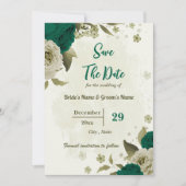 Smaragdgroene beige bloemen botanische bruiloft save the date (Voorkant)