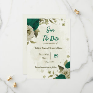 Smaragdgroene beige bloemen botanische bruiloft save the date