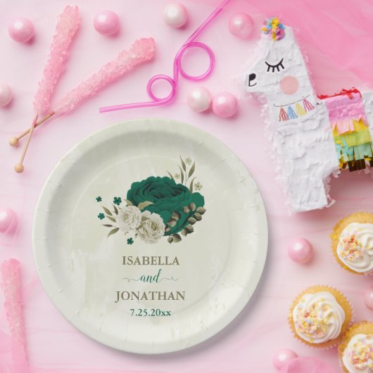 Smaragdgroene beige bloemen bruiloft papieren bordje (Feest)