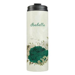 smaragdgroene beige bloemen bruiloft thermosbeker