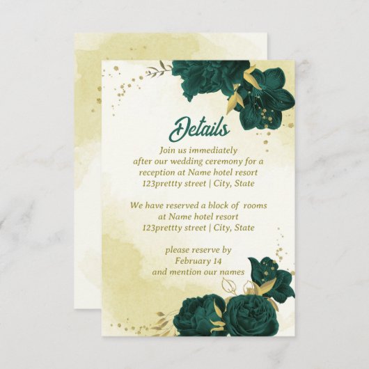 Smaragdgroene bloemen gouden bladeren informatiekaartje (Voorkant / Achterkant)