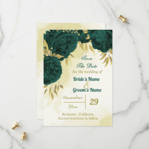 Smaragdgroene bloemen gouden bladeren save the date