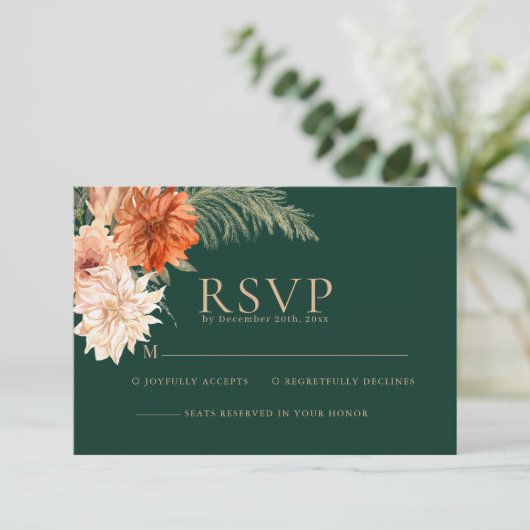 Smaragdgroene bloemen rustieke herfst bruiloft RSVP kaartje (Staand voorkant)