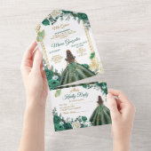 Smaragdgroene Bloemenk prinses Gouden Quinceañera All In One Uitnodiging (Afscheurbaar)