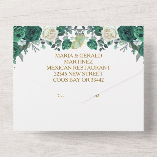 Smaragdgroene Bloemenk prinses Gouden Quinceañera All In One Uitnodiging (Achterkant)