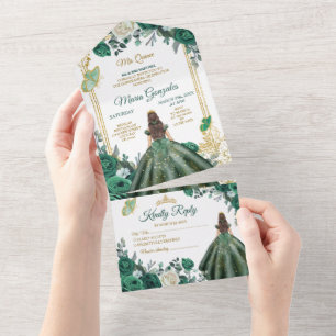 Smaragdgroene Bloemenkroon Prinses Gouden Quinceañ All In One Uitnodiging