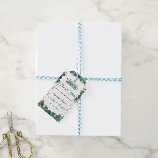 Smaragdgroene bloemenquinceañera dank u cadeaulabel (Met Touw)