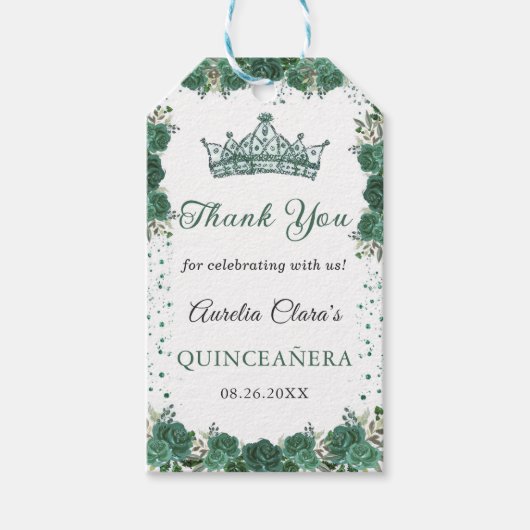 Smaragdgroene bloemenquinceañera dank u cadeaulabel (Voorkant)
