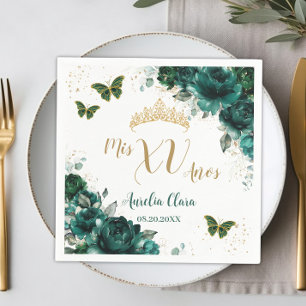 Smaragdgroene bloemenquinceanera gouden vlinders servet