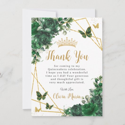 Smaragdgroene bloemenquinceañera vlinders bedankkaart (Voorkant)