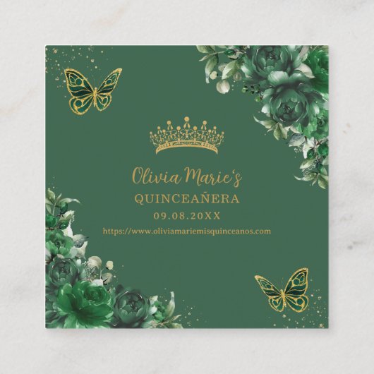 Smaragdgroene bloemenvlinder Quinceanera QR-code Informatiekaartje (Achterkant)