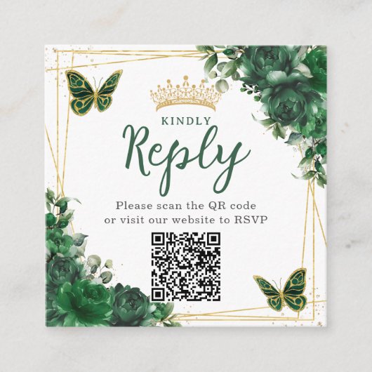 Smaragdgroene bloemenvlinder Quinceanera QR-code Informatiekaartje (Voorkant)