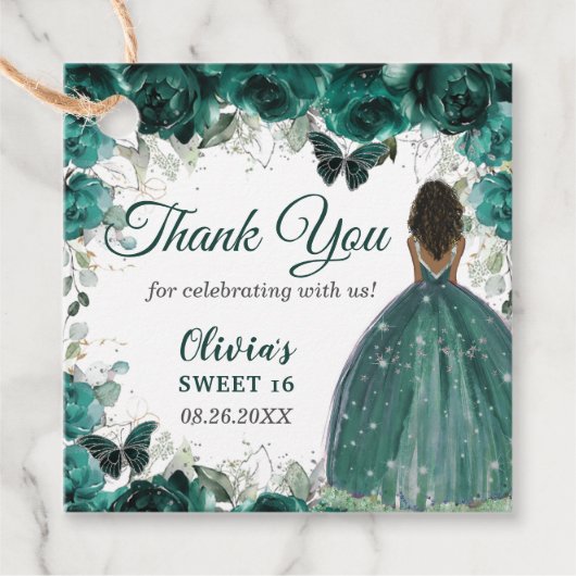 Smaragdgroene bloemenvlinders bruine prinses bedankjes labels (Voorkant)