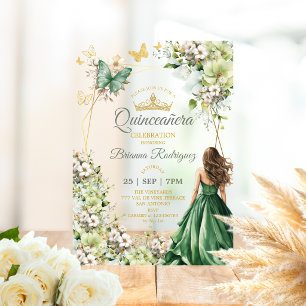 Smaragdgroene bloemige gouden vlinder Quinceañera Acryl Uitnodigingen