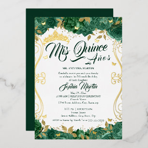Smaragdgroene Bloemige Mis Quince Quinceanera Folie Uitnodiging