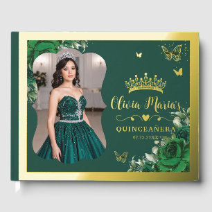 Smaragdgroene bloemige Quinceanera 15 Sweet 16 Fot Gastenboek