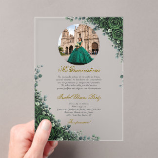 Smaragdgroene bloemige Quinceanera met afbeelding Acryl Uitnodigingen
