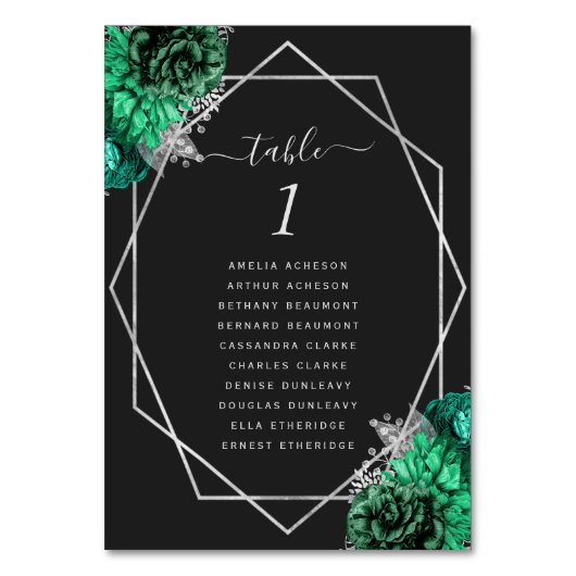 Smaragdgroene bloemige zilveren geo zwarte bruilof kaart (Voorkant)