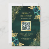 Smaragdgroene Bloemrijke Gouden Kant QR Code Trouw Kaart (Achterkant)