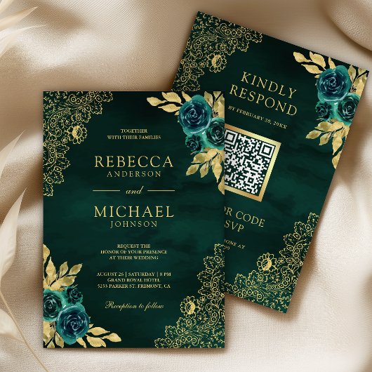 Smaragdgroene Bloemrijke Gouden Kant QR Code Trouw Kaart