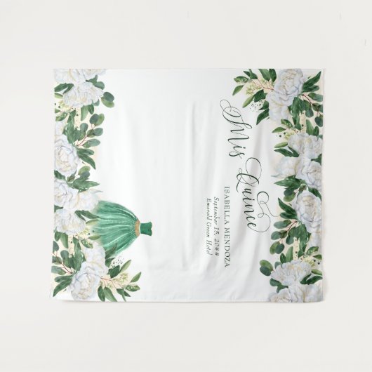 Smaragdgroene bloemrijke prinsessen-quinceanera-ac wandkleed (Voorkant (horizontaal))