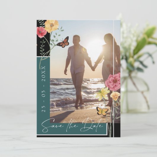 Smaragdgroene Boho-wildbloem Foto Save the Date (Staand voorkant)