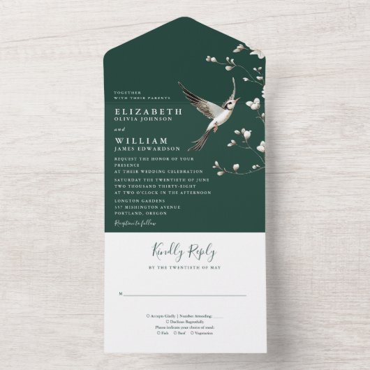 Smaragdgroene Chinoiserie Bloementuin Trouwdag All In One Uitnodiging (Binnen)