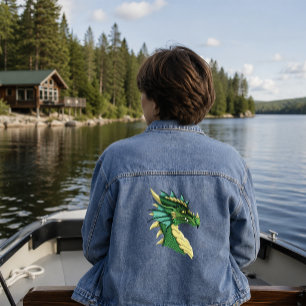 Smaragdgroene Draak Portret Kop Fantasie Denim Jacket