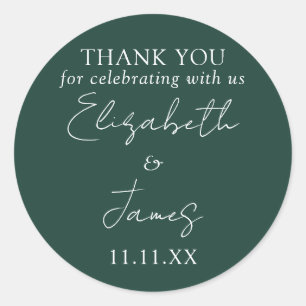 Smaragdgroene Elegante Script Bruiloft Bedankt Ronde Sticker