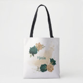 Smaragdgroene en beige gouden bloemen draagtas (Voorkant)