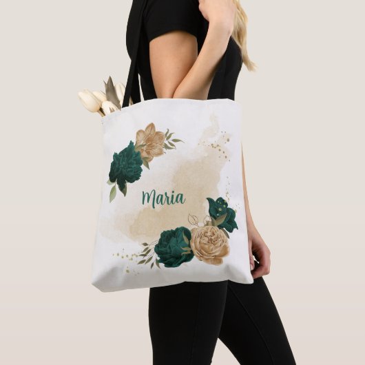 Smaragdgroene en beige gouden bloemen draagtas (Dichtbij)
