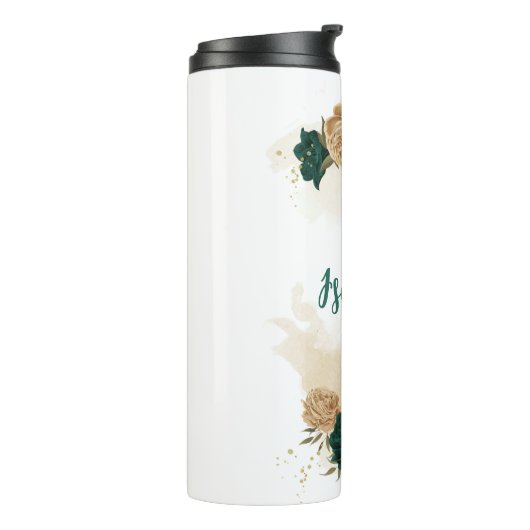 Smaragdgroene en beige gouden bloemen thermosbeker (Gedraaid links)